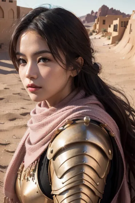 1girl, fierce, auburn hair, tied long hair, small breast, smirking, (close-up:1.3), (upper body:1.2), 
BREAK,
wearing a (Desert Saharan armor:1.5), (a scarf:1.1), fantasy, 
BREAK,
ancient-ruin in a desert, desolate environment, ruined city, 
BREAK,
((best quality)), ((masterpiece)), ((realistic)), (detailed), ((highly detailed skin)), highly detailed skin, looking at the viewer, stunning gradient colors, no watermark signature, detailed background, insanely detailed, , ((masterpiece)), absurdres, HDR