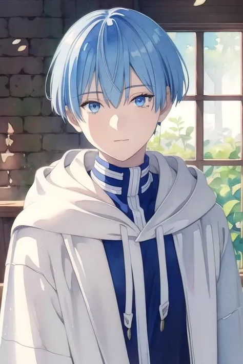 masterpiece, best quality, illustration, 1boy, solo, male focus, looking at viewer, upper body, , (watercolor illustration, soft pastel colors:1.1), , <lora:himmel_sousou_no_frieren:0.78>, himmel_sousou_no_frieren, blue hair, blue eyes, hoodie, , , 8k resolution