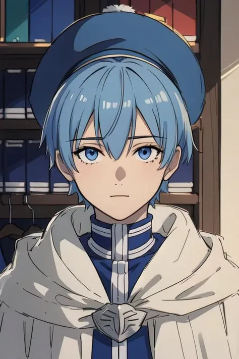 masterpiece, best quality, sketch, 1boy, solo, male focus, looking at viewer, upper body, depth of field, , , <lora:himmel_sousou_no_frieren:0.66>, himmel_sousou_no_frieren, blue hair, blue eyes, , cloche hat, closet, Blu-ray