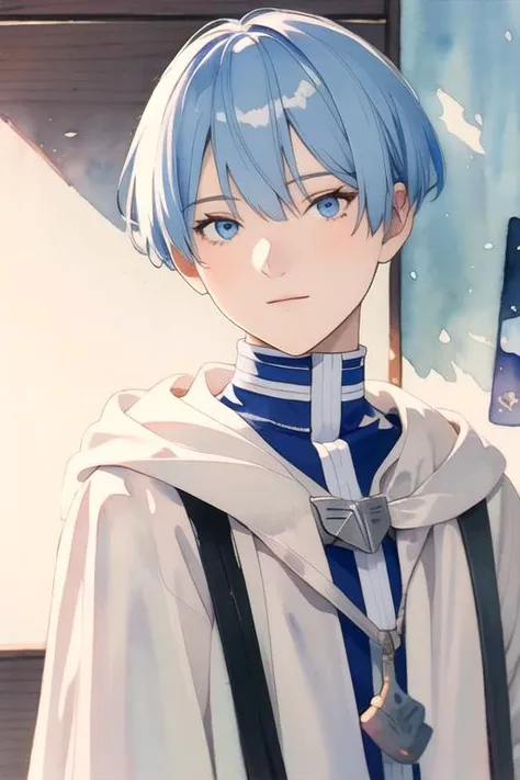 masterpiece, best quality, movie still, 1boy, solo, male focus, looking at viewer, , depth of field, (watercolor illustration, soft pastel colors:1.1), , <lora:himmel_sousou_no_frieren:0.80>, himmel_sousou_no_frieren, blue hair, blue eyes, convict costume, science fiction social science fiction, High resolution
