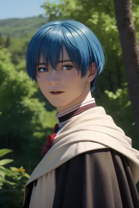masterpiece, best quality, movie still, 1boy, solo, male focus, looking at viewer, , depth of field, , realistic, <lora:himmel_sousou_no_frieren:0.70>, himmel_sousou_no_frieren, blue hair, blue eyes, dracula costume, , HD