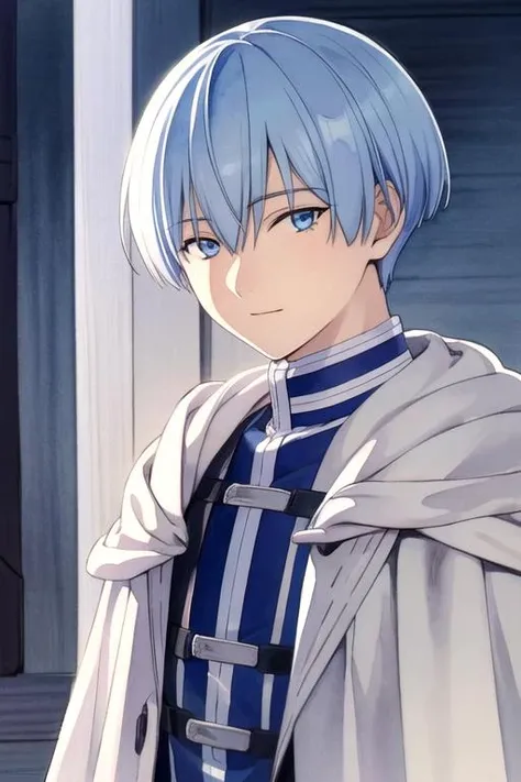 masterpiece, best quality, , 1boy, solo, male focus, looking at viewer, upper body, depth of field, (watercolor illustration, soft pastel colors:1.1), realistic, <lora:himmel_sousou_no_frieren:0.72>, himmel_sousou_no_frieren, blue hair, blue eyes, , science fiction noir,