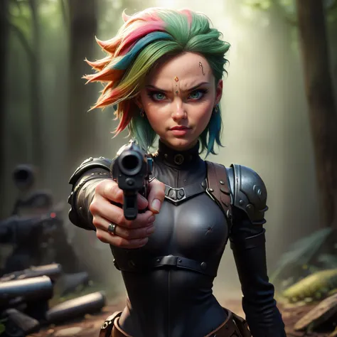 ((full body:-1.3)), ultra realistic photo, soft lighting, heavy shadow, show me your best quality for my picture, 
masterpiece-anatomy-perfect, (1woman-pointing-pistol-at-viewer:2), in a jungle, rainbow-colored-hair, inked, (detailed-forehead-hakra:2), dynamic-windswept-hair, dynamic run, dynamic move, high boots, black-white-armor, suspenders,
<lora:add-detail-xl:0.5>, <lora:SDXLHighDetail_v5-000004:1>, <lora:AdvancedEnhancerXLv2:1>, <lora:EnvyZoomSliderXL01:-1.3>, <lora:extremely_detailed:1.5>, <lora:XL_Weapon_pistol:0.85> pointing pistol,  <lora:d\EnvyBadassSliderXL01:0.8>,
(make the skin more real:4.5), (make the human body more realistic:4.8), (make the eyes more realistic:4.7), (make the eyes more clear:4.3), (make the eyes more glowing:4.6), (make the teeth or fangz more real:4.2), (make the hair more real:5.5), (make the effects more real:2.5), (make the light and shadow more realistic:4.8), (make the atmosphere more realistic:4.4), (make the background more interesting:4.5), ((make the backround more realistic:5.2), (give the clothes a 100 percent realistic look like real clothes:5.8), (different colored eyes:4.5),
8k uhd, dslr, high quality, film grain, uhd, dslr, best quality, professional photography, cinema, ultra realistic, film camera, dslr, lens flare, super-resolution, (16k), uhd, realistic, ultra realistic, ultra quality, film look,