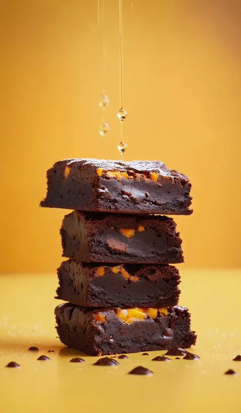 Composition of little stack of tasty sweet brownie on dutotone yellow and orange background, dramatic light, award-winning, professional, highly detailed . 35mm photograph, film, bokeh, professional, 4k ,minimalistic, daylight, warm atmosphere, <lora:add-detail-xl:1>, dust, film grain, cinematic look, <lora:SDXLHighDetail:0.2>, high key, water drops, glistering light