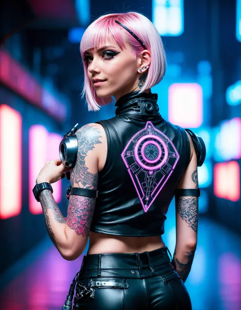 portrait of a woman of detailed cyberpunk clothing, leather pants, with tattoo on her body, long bangs, inverted bob, (pink hair:0.2), (platinum blonde hair:0.8), model cinematic shot on Leica M6 ultra realistic studio lighting, ray tracing bloom blade runner atmosphere, dynamic pose, pose, variations, expressions, natural look,sunny,soft lighting,emotional,grainy, <lora:SDXLHighDetail_v5:0.4> , light smile, raised eyebrows, choker, cybernetic arms, from behind,