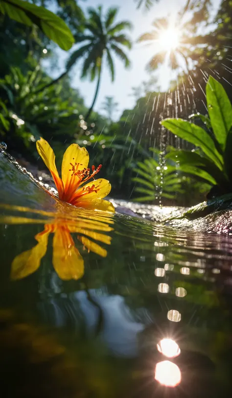 Low angle close-up of a small wave in a Stream of water in lush green rain forest with tropical flowers shot against rising sun with lensflare and reflections in crystal clear water, cinematic look, film, breathtaking photograph, award-winning, professional, dlsr, dramatic light, highly detailed . 35mm photograph, 4k, vivid colors, daylight, warm atmosphere, focus stacking, shot on hasselblad, <lora:add-detail-xl:1>, <lora:SDXLHighDetail:0.5>