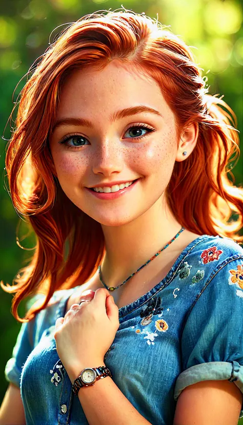 3d, 3d background, pixar artstyle, depth of field,
a beautiful ginger girl, cross stitch shirt, floating hair, beautiful necklace, left wrist watch, right wrist bangle, wavy hair, blurry foreground, cowboy shot, contemporary, jeans, ((intricate, print, pattern)), (ponytail:1.2), (freckles:0.35), dappled sunlight, looking to the side, ((closed mouth)), light smile, happy, peace sign pose,
<lora:zavy-cntrst-sdxl:1> dark, chiaroscuro, low-key <lora:CinematicStyle_v1:1> <lora:SDXLHighDetail_v5:0.5>