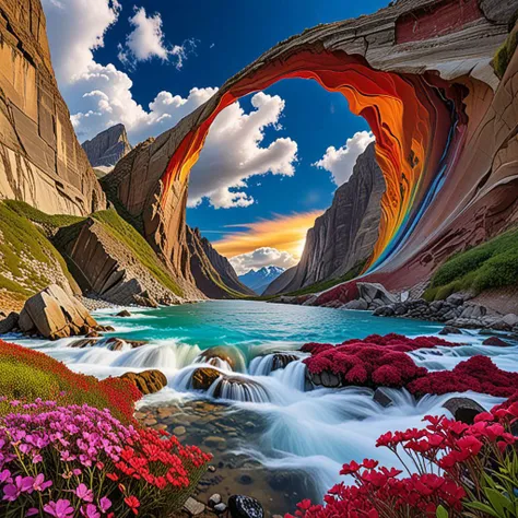 aThe work depicts a surreal and modern psychadelic landscape.
from a huge blue eye tears form a waterfall.
clouds, above the mountains, fluffy white clouds float on a vivid black sky.
the mountains form an opening of an eye that reveals an eerie ocean meeting the sky on the horizon.
The work represents a surreal and vibrant landscape.
The towering mountains on either side feature a mix of blues, reds, yellows and whites.
a Cloud formations, Above the mountains, fluffy white clouds float against a bright blue sky.
a central mountain arch, The mountains form an arched opening that reveals a serene ocean meeting the sky on the horizon.
A swirling, multi-colored path leads toward the central arch, resembling a mixture of river and solid ground.
Scattered along the path are spherical objects with similar swirling color patterns.
<lora:SDXL_Dices_Mega_Detail_v1:1> > <lora:DetailedEyes_V3:1>