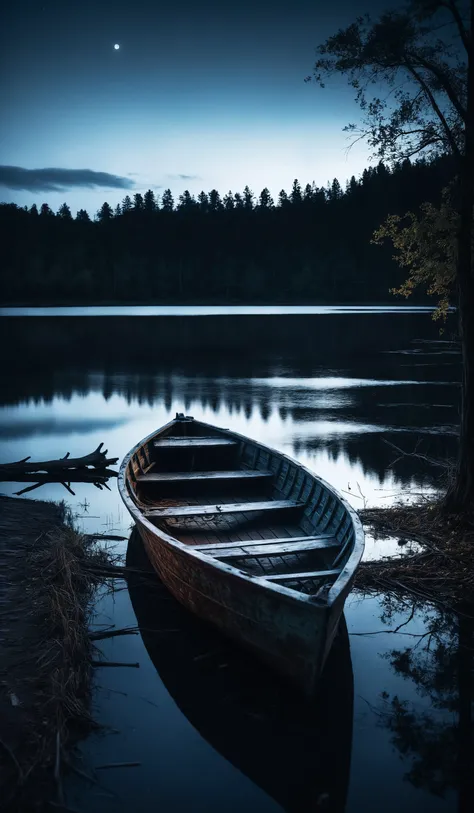 Abandoned wooden boat at night on haunted lake shore with female ghost spirit emerging on it., breathtaking photograph, dramatic light, award-winning, professional, highly detailed . 35mm photograph, film, bokeh, professional, 4k ,minimalistic, <lora:add-detail-xl:1>, cinematic look, <lora:SDXLHighDetail:0.3>