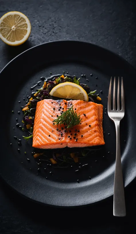 Top view of healthy salmon slice served on black plate near fork against dark surface, dramatic light, award-winning, professional, highly detailed . 35mm photograph, film, bokeh, professional, 4k ,minimalistic, daylight, warm atmosphere, <lora:add-detail-xl:1>, dust, film grain, cinematic look, <lora:SDXLHighDetail:0.2>, high key