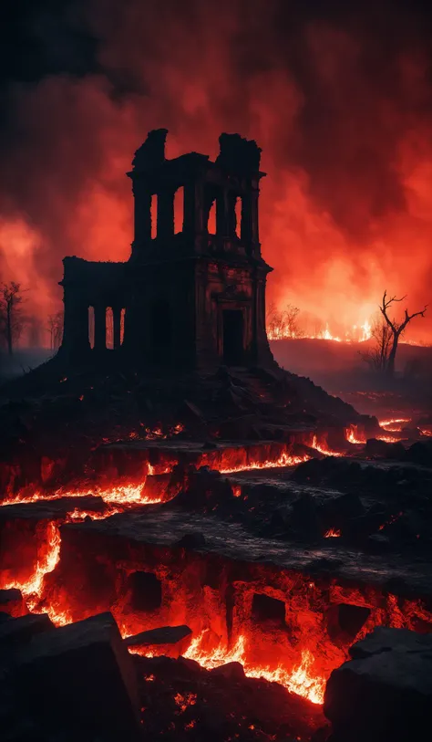 dark and scary hell environment with spooky landscape and fiery atmosphere with red mist, large monolithic structures emerge from ground, breathtaking photograph, dramatic light, award-winning, professional, highly detailed . 35mm photograph, film, bokeh, professional, 4k ,minimalistic, <lora:add-detail-xl:1>, cinematic look, <lora:SDXLHighDetail:0.3>