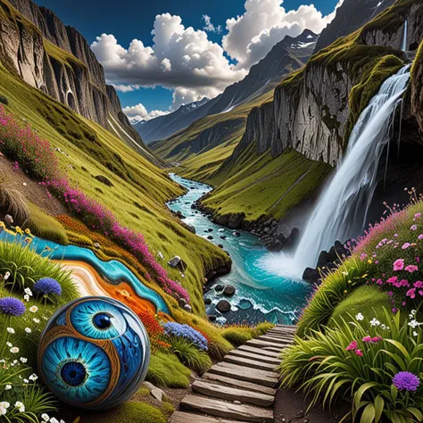 aThe work depicts a surreal and modern psychadelic landscape.
from a huge blue eye tears form a waterfall.
clouds, above the mountains, fluffy white clouds float on a vivid black sky.
the mountains form an opening of an eye that reveals an eerie ocean meeting the sky on the horizon.
A swirling, multi-colored path leads toward the central eye, resembling a mixture of river and solid ground.
Scattered along the path are fluffy spherical objects with similar swirling color patterns.style dark
<lora:SDXL_Dices_Mega_Detail_v1:1> > <lora:DetailedEyes_V3:1>