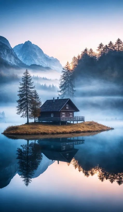 Foggy Sunrise Hintersee, Bavaria, Germany, blue colors, misty, mysterious, cinematic look, film, breathtaking photograph, award-winning, professional, dlsr, dramatic light, highly detailed . 35mm photograph, 4k, vivid colors, daylight, warm atmosphere, focus stacking, shot on hasselblad, <lora:add-detail-xl:1>, <lora:SDXLHighDetail:0.5>