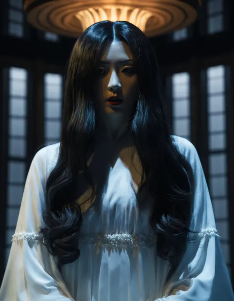 Kuchisake-onna, tmasterpiece, long black hair, sewn mouth, smiling, shy, dark green eyes, Hairline, Fair skin, Masterpiece weaving on the side, Best quality, Long white dress, stands, look at the viewer, medium chest, open neckline,