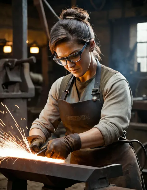 Female blacksmith, working at an anvil, forging metal, workshop setting, wearing safety glasses and gloves, (cinematic lighting:1.2), shallow depth of field, high-resolution, (photorealistic:1.3), (dramatic lighting:1.4), professional portrait, warm tones, (gritty atmosphere:1.2), (film noir style:1.5), (sparks flying:1.3)
<lora:SDXLHighDetail_v5:1>