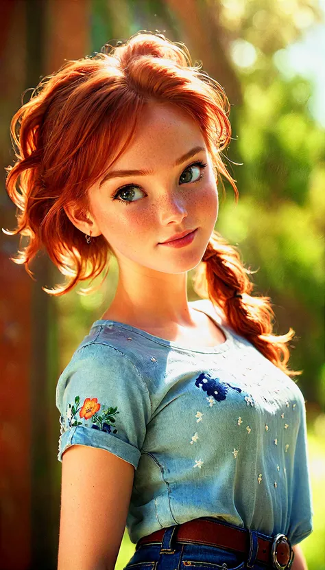 3d, 3d background, pixar artstyle,  depth of field, 
a beautiful ginger girl, cross stitch shirt, flipped hair, floating hair,  beautiful necklace, left wrist watch, right wrist bangle, wavy hair,  blurry foreground, cowboy shot, contemporary, jeans,  ((intricate, print, pattern)), (ponytail:1.2), (freckles:0.35),  dappled sunlight, looking to the side,  ((closed mouth)), light smile, happy
 <lora:zavy-cntrst-sdxl:1> dark, chiaroscuro, low-key   <lora:CinematicStyle_v1:1> <lora:SDXLHighDetail_v5:0.5>