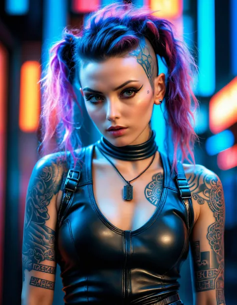 portrait of a woman of detailed cyberpunk clothing, leather pants, with tattoo on her body, model cinematic shot on Leica M6 ultra realistic studio lighting, ray tracing bloom blade runner atmosphere, dynamic pose, variations, expressions, billboard on background, natural look,sunny,soft lighting,emotional,grainy, <lora:SDXLHighDetail_v5:0.25> , pouty lips,