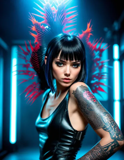 portrait of a woman of detailed cyberpunk clothing, leather pants, with tattoo on her body, long bangs, inverted bob,   model cinematic shot on Leica M6 ultra realistic studio lighting, ray tracing bloom blade runner atmosphere, dynamic pose, pose,  variations, expressions,   natural look,sunny,soft lighting,emotional,grainy, <lora:SDXLHighDetail_v5:0.25> , pouty lips,