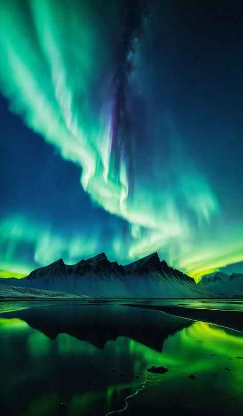 Amazing view of green aurora borealis shining in night sky over snowy mountain ridge with black sand stockness beach and vestrahorn mountain in background in iceland, copy space, design template, breathtaking photograph, dramatic light, award-winning, professional, highly detailed . 35mm photograph, film, bokeh, professional, 4k ,minimalistic, daylight, warm atmosphere, <lora:add-detail-xl:1>, cinematic look, <lora:SDXLHighDetail:0.3>