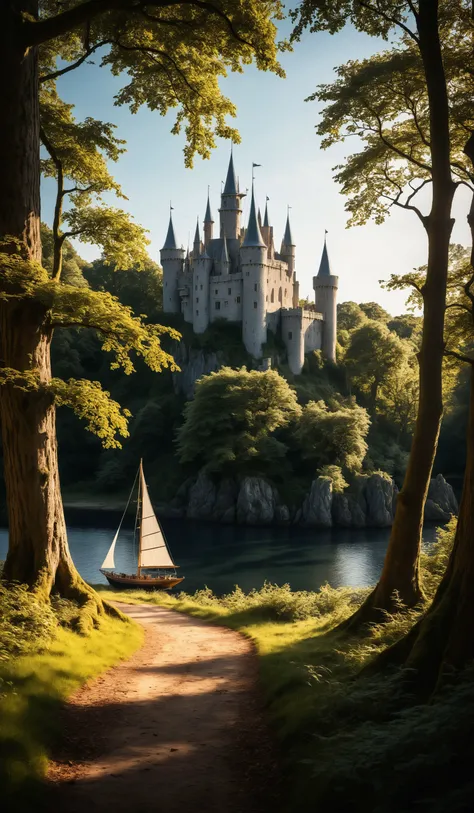 View through a beautiful enchanting fairy tale woodland onto a castle and a sailing ship, dramatic light, award-winning, professional, highly detailed . 35mm photograph, film, bokeh, professional, 4k ,minimalistic, <lora:add-detail-xl:1>, cinematic look, <lora:SDXLHighDetail:0.3>