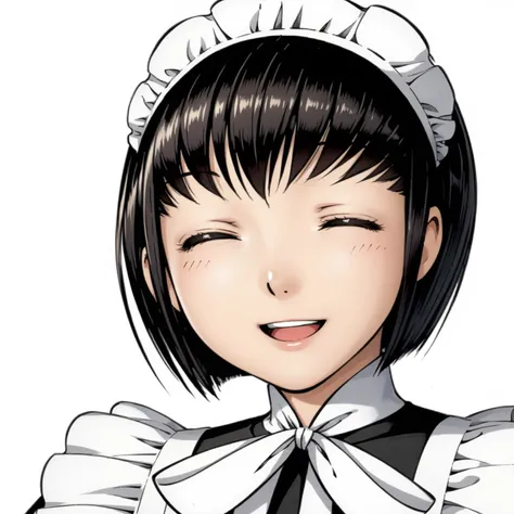 <lora:ShirleyMXLpony001>,
close-up,
smile,open mouth,closed eyes,
solo,
ShirleyM,1girl,black hair,bob cut,brown eyes,
maid,