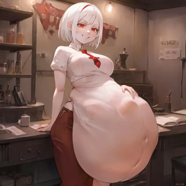 big belly, vore, short hair, red eyes, white hair, bob cut, smirk, grin, smug, narrowed eyes, wide hips, small breasts, <lora:VoreBelliesLoraB:1>, beautiful, masterpiece, best quality, extremely detailed face, perfect lighting, 1girl, solo,