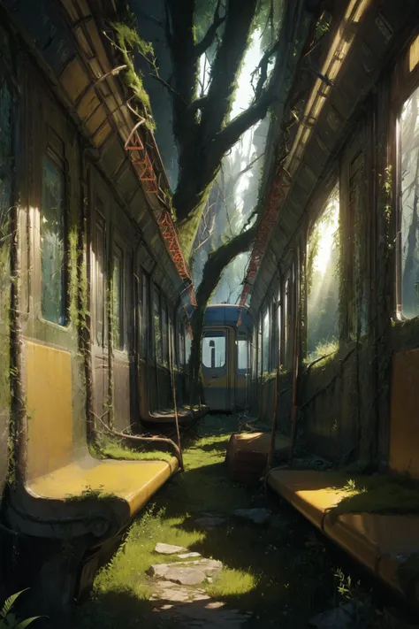 ,ruanyi0777,moss,vines,overgrown,tree,ruins,train station,1girl,<lora:0777 no one world_xl_v1:1>, masterpiece,best quality,ultra detailed,8K,super fine illustration,highly detailed beautiful face and eyes,perfect anatomy,professional lighting,