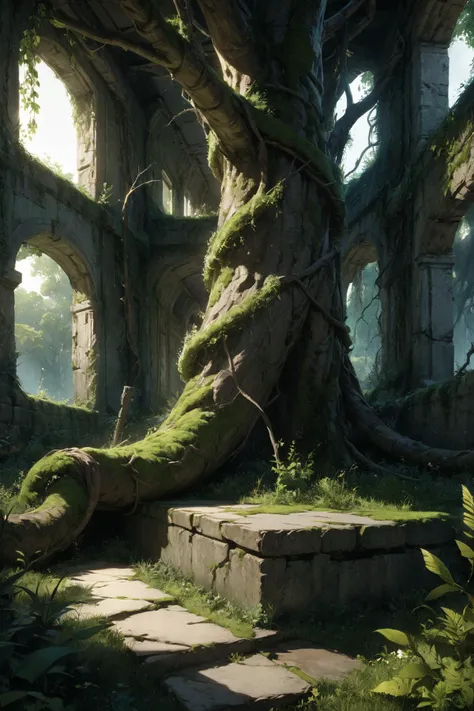 ,ruanyi0777,moss,vines,overgrown,tree,ruins,<lora:0777 no one world_xl_v1:1>, masterpiece,best quality,ultra detailed,8K,super fine illustration,highly detailed beautiful face and eyes,perfect anatomy,professional lighting,