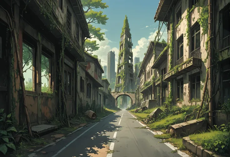 ,ruanyi0777,moss,vines,overgrown,tree,ruins,broken window,outdoors,cityscape,sidewalk,ground vehicle,road,lamppost,1girl,solo,<lora:0777 no one world_v1_pony:0.8>, score_9,score_8_up,score_7_up,,8k,1girl,solo,