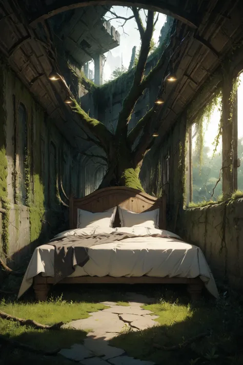 ,ruanyi0777,moss,vines,overgrown,tree,ruins,bedroom,bed,<lora:0777 no one world_xl_v1:1>, masterpiece,best quality,ultra detailed,8K,super fine illustration,highly detailed beautiful face and eyes,perfect anatomy,professional lighting,
