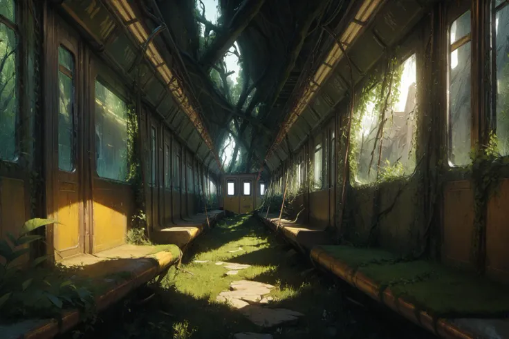 ,ruanyi0777,moss,vines,overgrown,tree,ruins,train station,1girl,<lora:0777 no one world_xl_v1:1>, masterpiece,best quality,ultra detailed,8K,super fine illustration,highly detailed beautiful face and eyes,perfect anatomy,professional lighting,