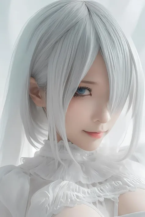 ((high quality)),masterpiece,(detailed depiction of local details:1.2),1girl,blue eyes,breasts,closed mouth,eyelashes,looking at viewer,portrait,solo,upper body,white hair,white theme,short hair,silver hair,yorha no. 2 type b,<lora:yorha_no.2_type_b:0.7>,