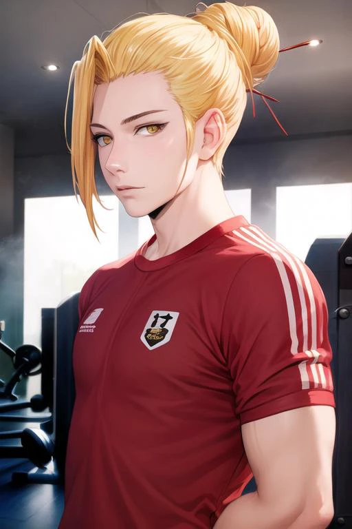 masterpiece, best quality, high quality, 1boy, solo, male focus, looking at viewer, upper body, <lora:han_sung_yu:0.78>, han_sung_yu, blonde hair, yellow eyes, single hair bun, realistic, gym uniform
