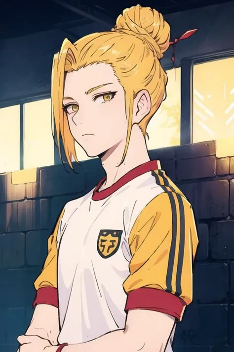 masterpiece, best quality, high quality, 1boy, solo, male focus, looking at viewer, upper body, <lora:han_sung_yu:0.64>, han_sung_yu, blonde hair, yellow eyes, single hair bun, , gym uniform