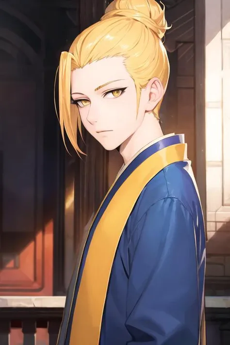 masterpiece, best quality, high quality, 1boy, solo, male focus, looking at viewer, upper body, <lora:han_sung_yu:0.62>, han_sung_yu, blonde hair, yellow eyes, single hair bun, realistic, coat