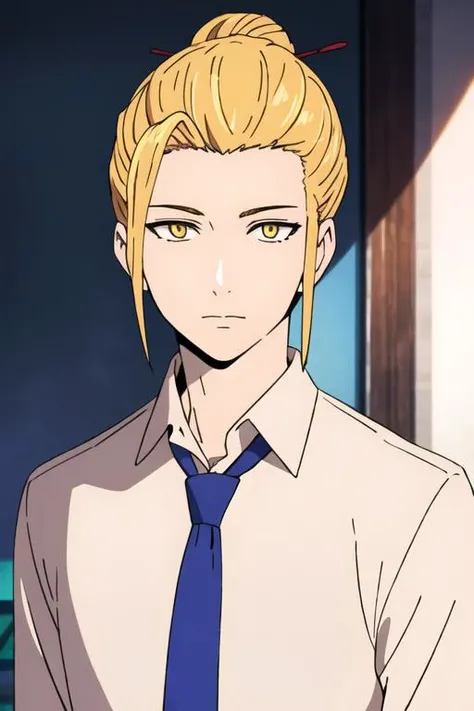 masterpiece, best quality, high quality, 1boy, solo, male focus, looking at viewer, upper body, <lora:han_sung_yu:0.66>, han_sung_yu, blonde hair, yellow eyes, single hair bun, realistic, formal, necktie, dress shirt