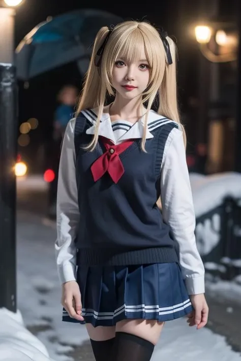 ultra-detailed,highly detailed,best quality,masterpiece,illustration,realistic,
eriri, 1girl, solo, cosplay,
blonde hair, twintails,long hair, bangs, blue eyes,
sweater vest, school uniform, serafuku,sailor collar,shirt, vest, long sleeves, hair ribbon, pleated skirt, blue skirt, neckerchief,
standing,looking at viewer, cowboy shot,
blurry background, outdoors, night, photo inset, photo background,depth of field, reference inset,winter, snowing, christmas,
<lora:eriri_v4_03:0.7>