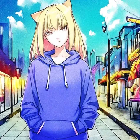 masterpiece, best quality, outdoors, 1girl, solo, vaporwave, looking at viewer, hoodie, blonde hair, , catgirl, hands in pockets, <lyco:vapor:.7>