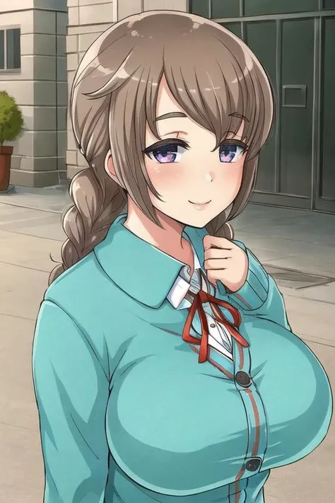 masterpiece, best quality, detailed face, detailed eyes, <lora:HUTia:0.5>, HUTia, brown hair, large breasts, cardigan, twin braids, from side, smile, sleeves past wrists,