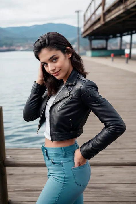 medium shot, photo of skswoman, One hand behind the head pose, wearing Leather Jacket and High-waisted pants, in dock, looking ecstatic, (look at viewer:1.0) (skin texture), Fujifilm XT3, DSLR, 50mm, <lyco:Sara Sampaio:1.1>