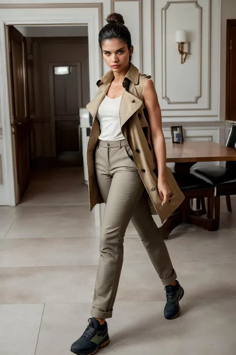 medium shot, photo of skswoman, Running pose, wearing Sleeveless Trench Coat and Trousers, in dining room, looking angry, (look at viewer:1.0) (skin texture), Fujifilm XT3, DSLR, 50mm, <lyco:Sara Sampaio:1.1>