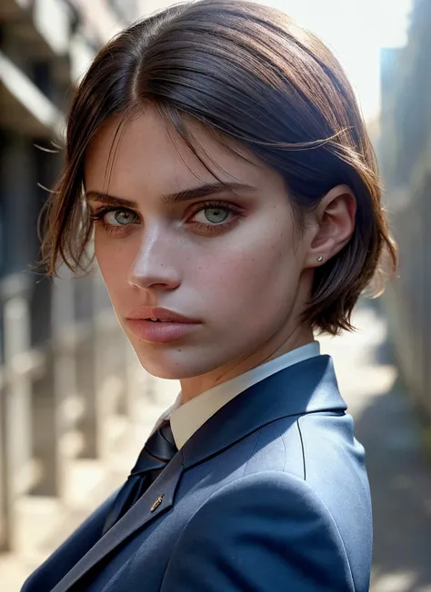 portrait of skswoman, sadness , wearing business attire , with Blunt haircut , background alleyway epic (photo, studio lighting, hard light, sony a7, 50 mm, matte skin, pores, colors, hyperdetailed, hyperrealistic), <lyco:Sara Sampaio:1.1>