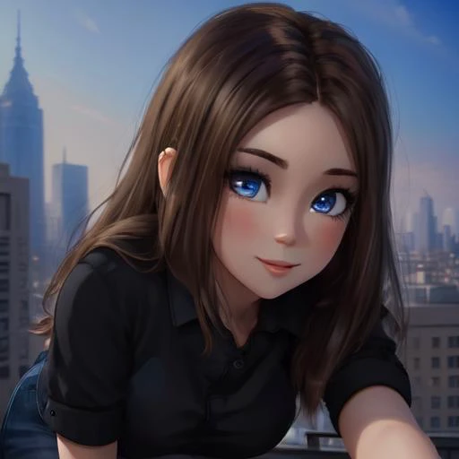 (portrait of a cute woman on top of a building in a large city), backlighting, masterpiece, beautiful, detailed background, <lora:SamanthaSamsung_3D_v1:0.9>, woman, black shirt, wearing jeans, soft lighting, black top, blue eyes,