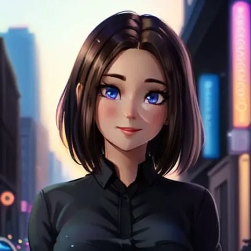 (a cute woman standing on a city street), city in the background, backlighting, neon lights, masterpiece, beautiful, detailed background, <lora:SamanthaSamsung_3D_v1:0.9>, (good eyes), smiling, full body, standing, black shirt, wearing jeans, soft lighting, black top, blue eyes