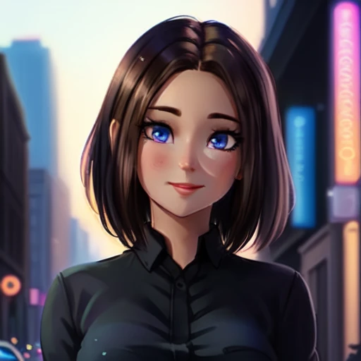 (a cute woman standing on a city street), city in the background, backlighting, neon lights, masterpiece, beautiful, detailed background, <lora:SamanthaSamsung_3D_v1:0.9>, (good eyes), smiling, full body, standing, black shirt, wearing jeans, soft lighting, black top, blue eyes