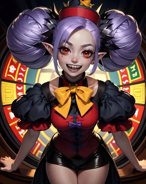 zmbiemiden,purple hair,double bun,twintails,pointy ears, pale skin, red eyes,
jiangshi,ofuda on head,hat,
casino, muscular, crazy eyes,
standing, cowboy shot, cleavage, large breasts,
smile, sharp teeth, leaning forward,
(insanely detailed, beautiful detailed face, masterpiece, beautiful detailed eyes, best quality),
<lora:zombiemaiden:0.8>,