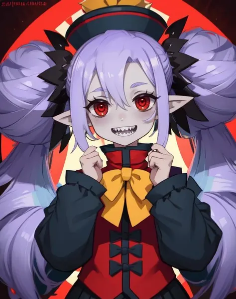 zmbiemiden,purple hair,double bun,twintails,pointy ears, pale skin, red eyes,
jiangshi,sleeves past wrists,ofuda,hat,
casino,
standing, upper body, cowboy shot,
smile, sharp teeth,
(insanely detailed, beautiful detailed face, masterpiece, beautiful detailed eyes, best quality),
<lora:zombiemaiden:0.8>,