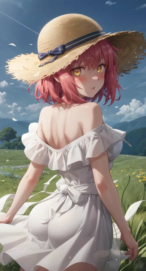 cinematic lighting, <lyco:lighting_loha:0.2>, best quality, masterpiece, cowboy shot, absurdres
BREAK tanaka, 1girl, solo, blush, finely detailed skin, shiny skin, white dress, from behind, back, looking back, looking at viewer, yellow eyes, slit pupils, floating particles, parted lips, off shoulder, straw-hat,
outdoors, blue sky, meadow, wind,
