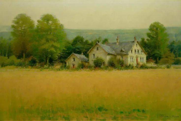 ClaudeMonet, scenery, no humans, outdoors, grass, tree, house, nature, forest, field, sky
