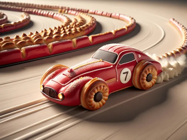 A dynamic race car, sleek and aerodynamic, made out of pastry. The car is speeding around a racetrack, flakes of pastry flying off in the wind <lora:pastry-sdxl:1>
